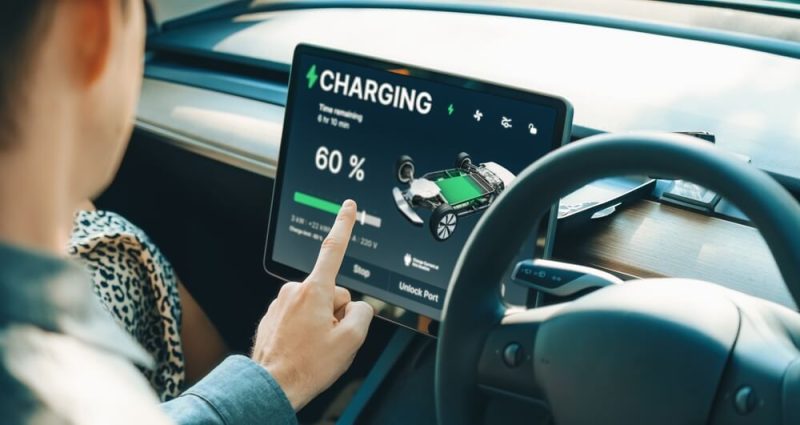 man looking at ev screen watching it charge